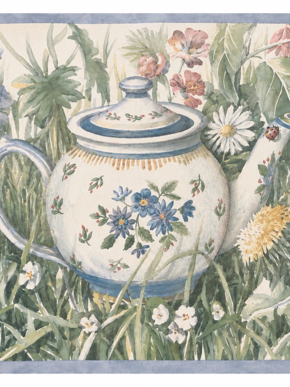 Vintage Blue and Cream Floral Teapot Wallpaper Border - Classic Country Style
